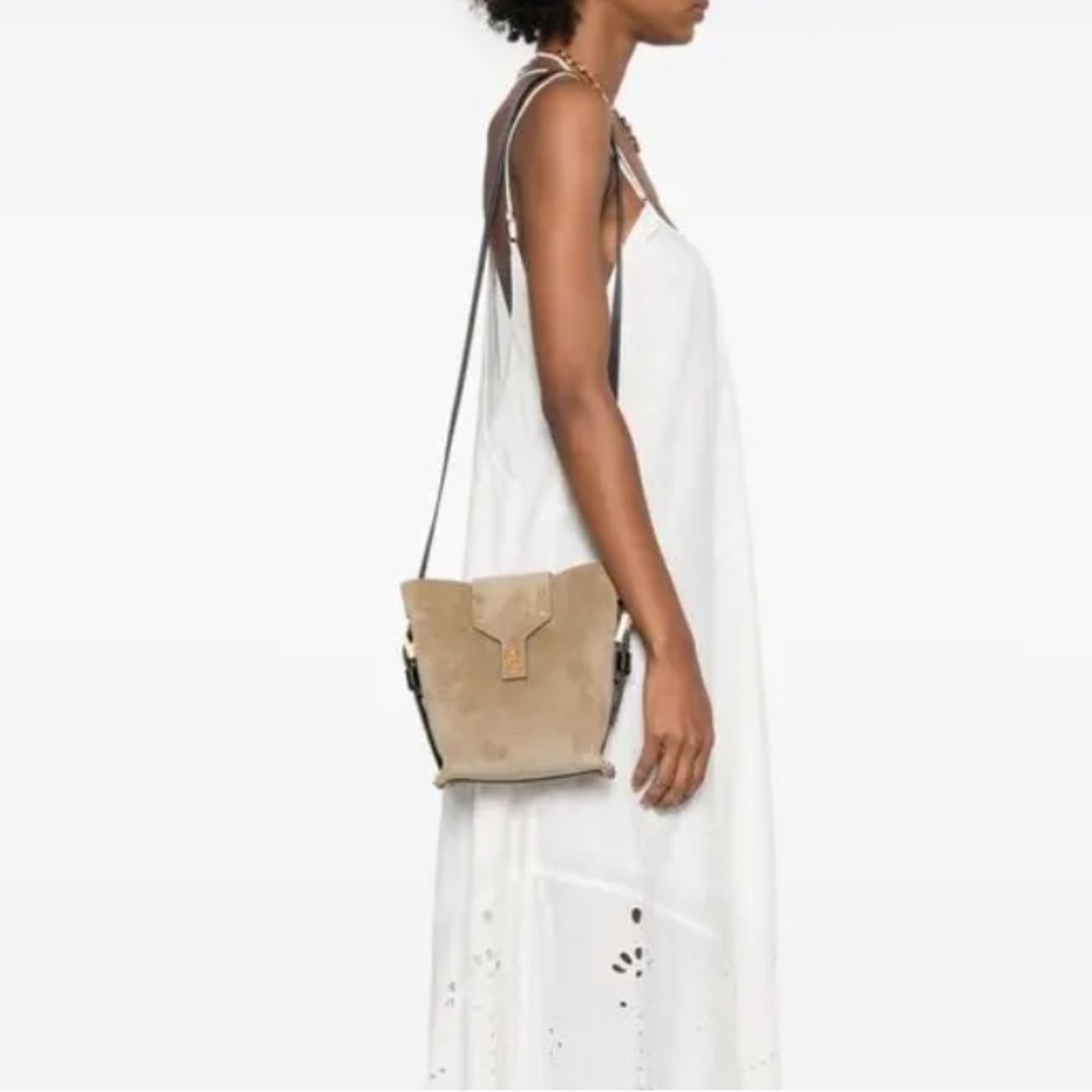 AllSaints Suede Crossbody Bucket Bag in Taupe with Black Strap - Picture 5 of 13
